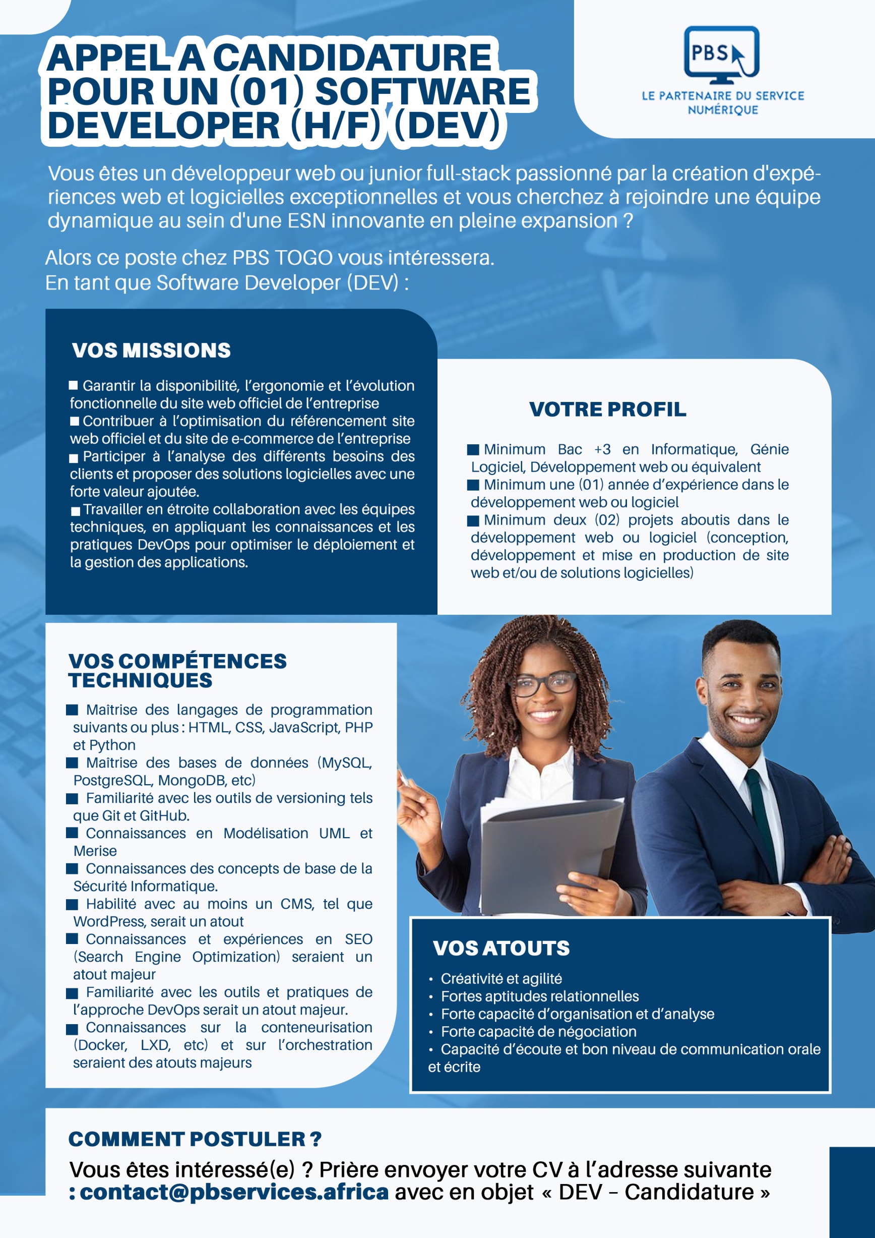 APPEL A CANDIDATURE POUR UN (01) SOFTWARE DEVELOPER (H/F) (DEV)